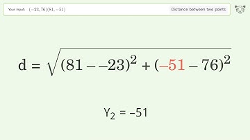 Find the distance between two points p1 (-23,76) and p2 (81,-51): Step-by-Step Video Solution