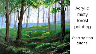 Easy simple Misty forest acrylic painting step by step tutorial// acrylic painting for beginners