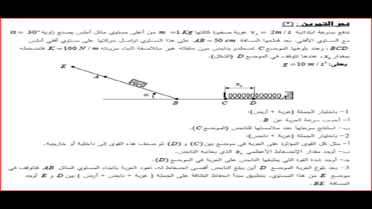 تمرين شامل حول العمل والطاقة الكامنة  الثانية ثانوي-نموذج للفرض