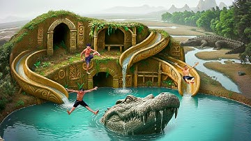 100 Days Building a Crocodile Water Slide into Underground Swimming Pool Using Primitive Tools