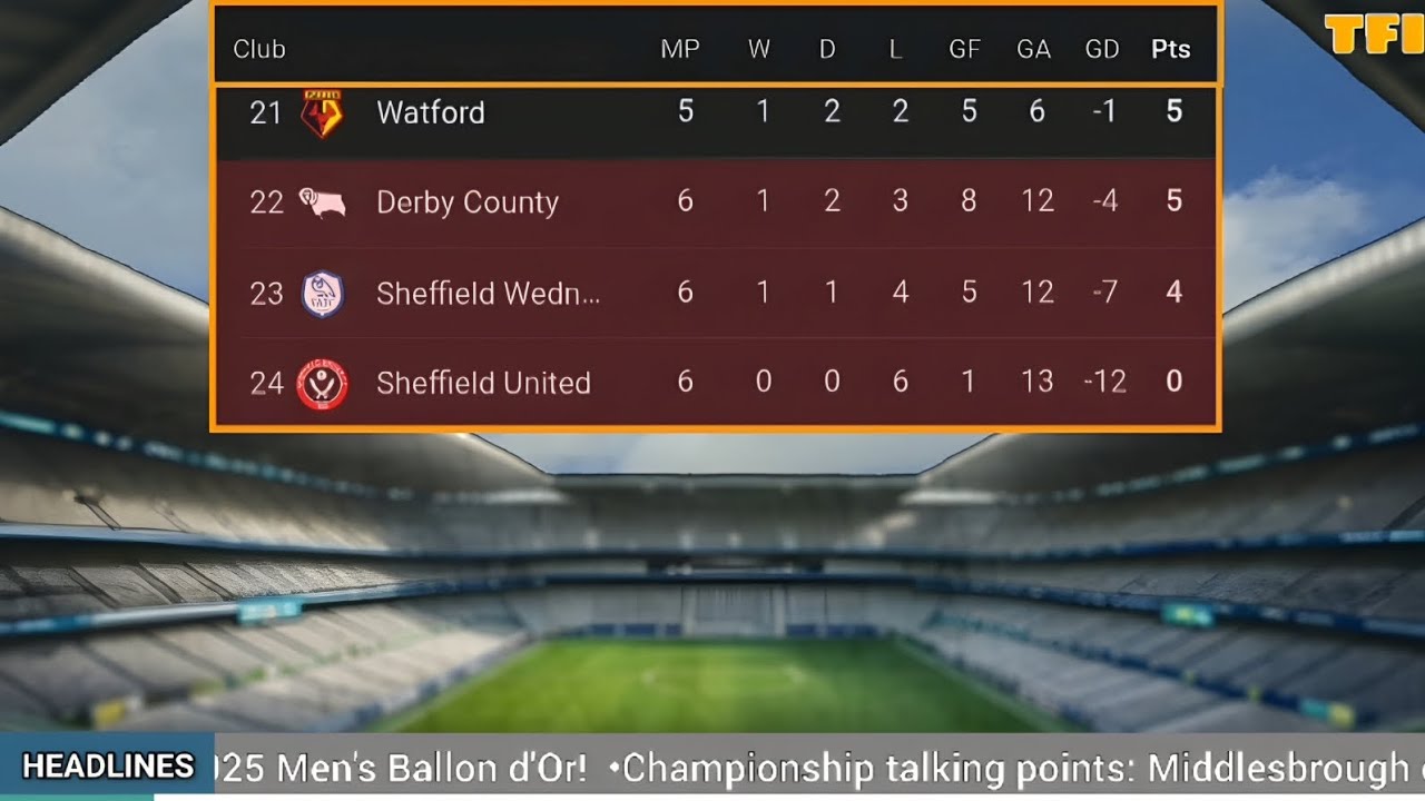 EFL Championship Table Matchday 6 2025/2026 