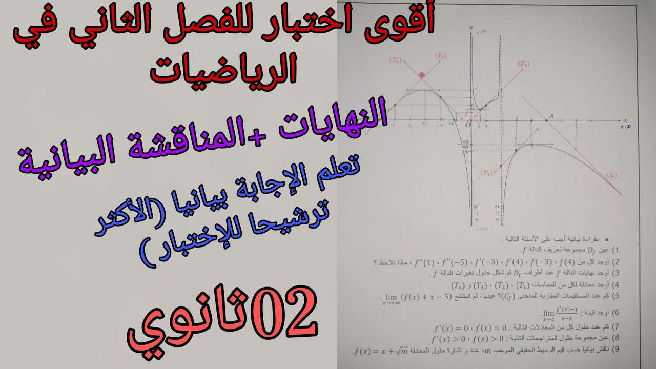 أقوى اختبار للفصل الثاني في الرياضيات للسنة الثانية ثانوي جميع الشعب حول النهايات +المناقشة البيانية