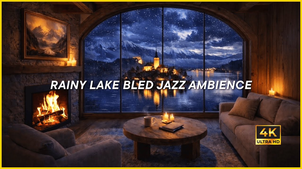 RAINY LAKE BLED JAZZ AMBIENCE (4K) | Cozy Slovenian Night Fireplace for Relax, Focus & Sleep
