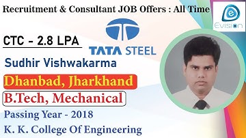 Congrats, Sudhir | Selected in TATA STEEL |2.8 LPA| MECHANICAL ENGINEER in 2018 | Dhanbad ,Jharkhand