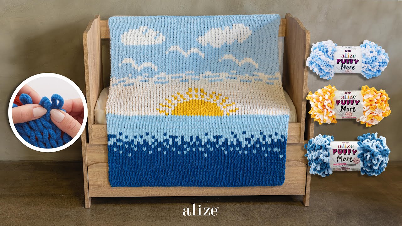 Детское одеяло с изображением моря и солнца с пряжей Alize Puffy More