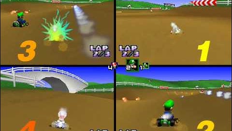 Mario Kart 64 Netplay: Moo Moo Farm 4 player race round 4