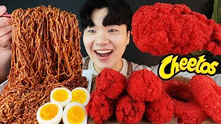 ENG SUB) ASMR MUKBANG TRUFFLE OIL BLACK BEAN NOODLES & CHEETOS FRIED CHICKEN WINGS SOUND!
