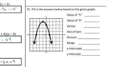 Quadratic Functions Test Review Questions 6 to 16
