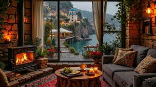 Deep Relaxation in a Rainy Villa | Cozy Firelight and Coastal Views