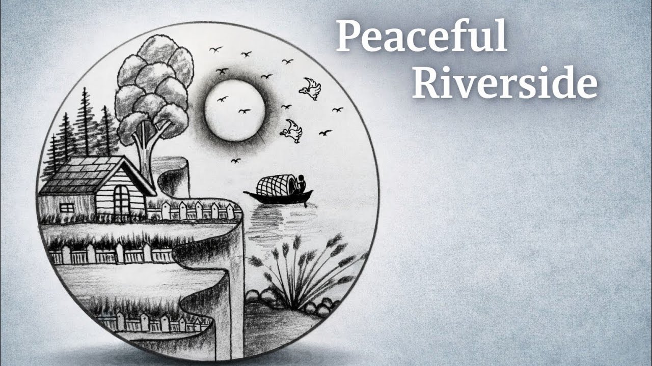 Peaceful Riverside Village Drawing | Calm River Boat Scenery