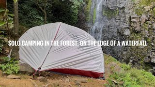 SOLO CAMPING - CAMPING ALONE IN THE FOREST BY A WATERFALL, ENJOYING THE NATURAL AMOUNTAIN - ASMR  4K