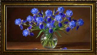 Blue Iris Bouquet | 4K Frame TV Art Screensaver (2 Hours, Silent) | Classic Botanical Oil Painting