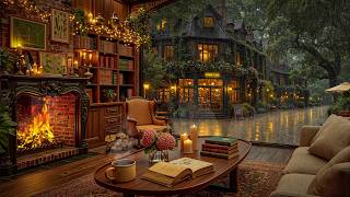 Soft Rain at Night Cozy Coffeehouse ☕ Jazz Piano Playlist & Crackling Fire for Reading & Studying screenshot 1
