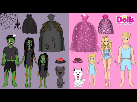 PAPER DOLLS ZOMBIE TRANSFORMATION GOOD & BAD HOUSE FAMILY DRESS UP