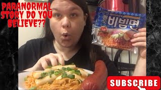 SPICY BIBIMMEN NOODLES &amp; SAUSAGE (PARANORMAL STORY-TIME!!) #mukbang ,#joinme