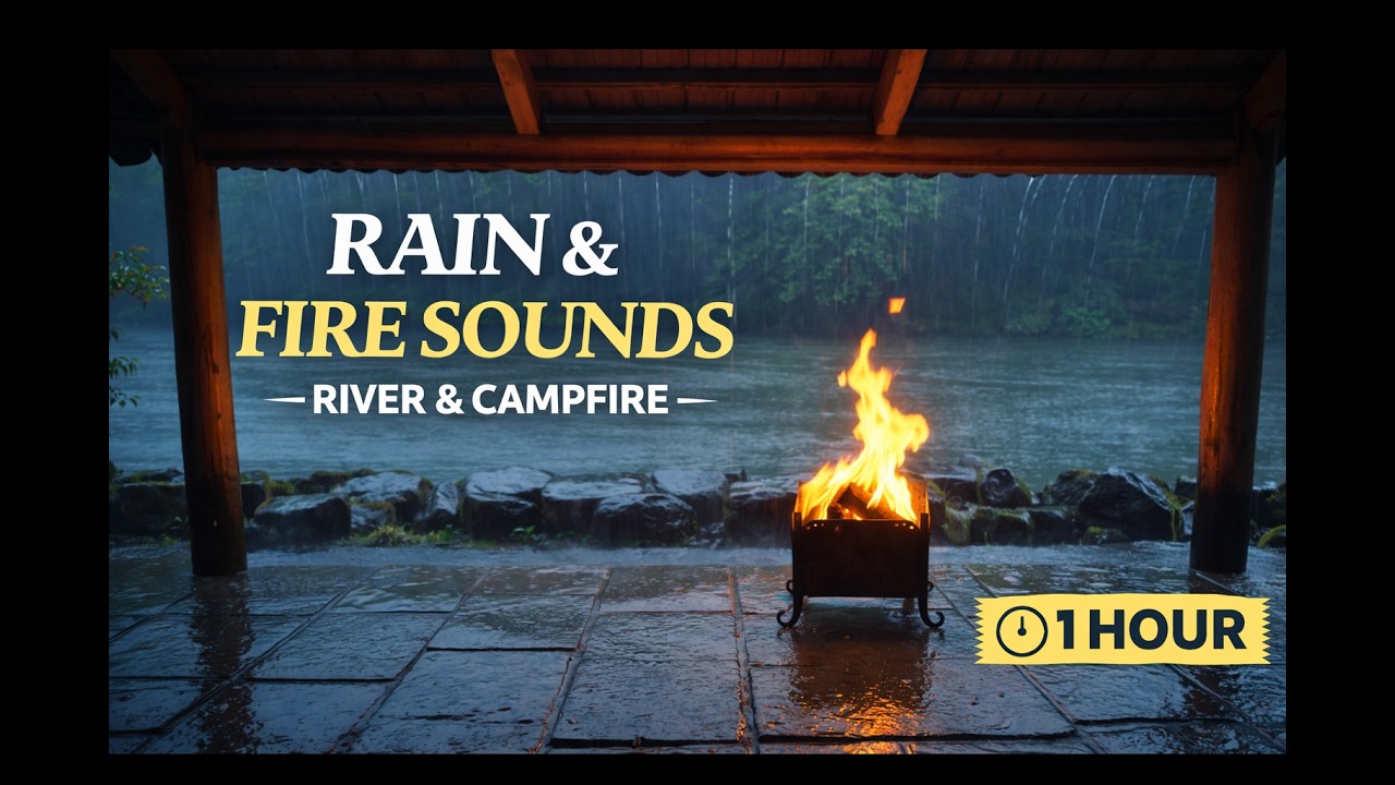 Rain & Fire Sounds by the River | 1 Hour Cozy Campfire Ambience 🌧🔥
