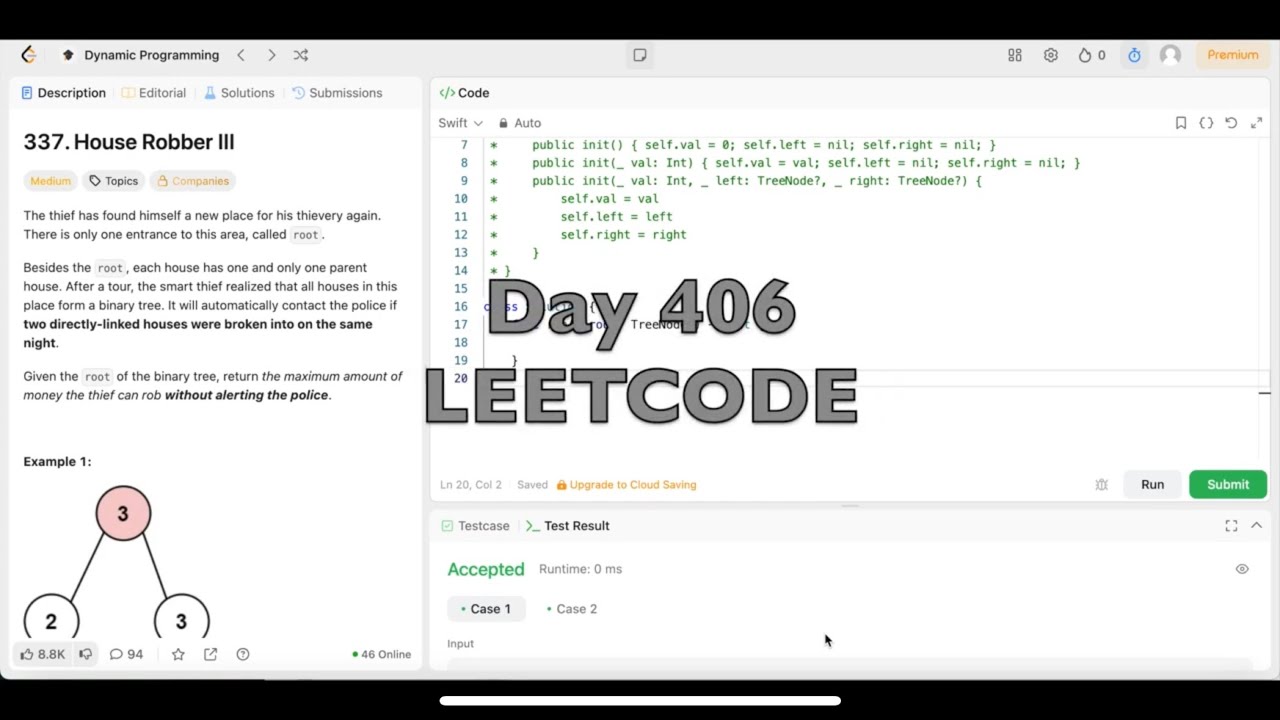 Day 406: LeetCode Problem 337. House Robber III - Swift - YouTube