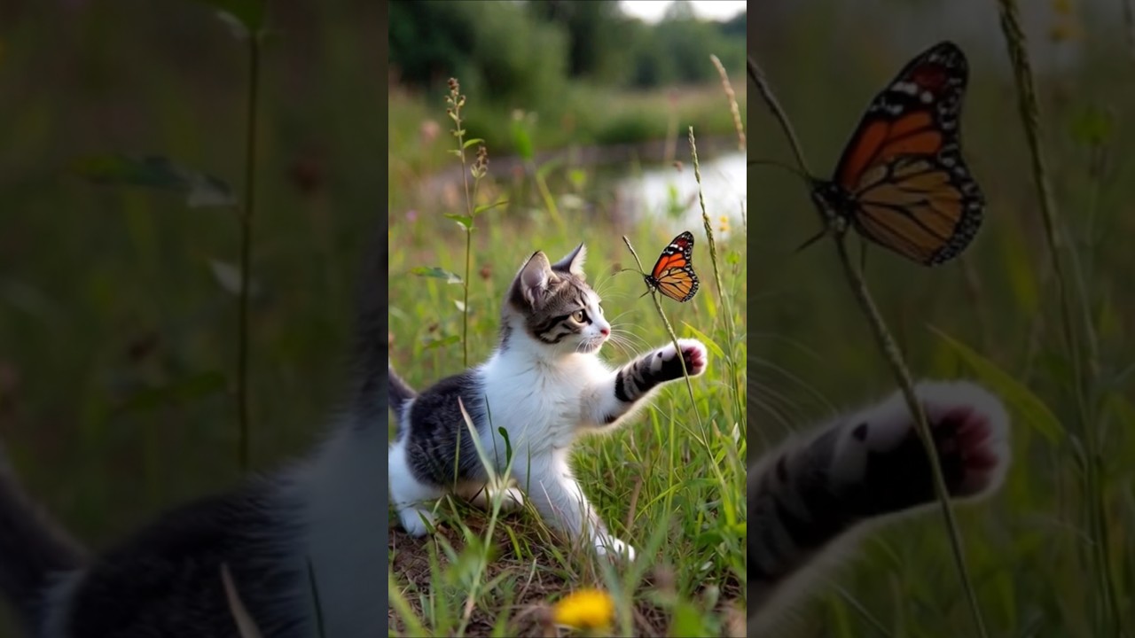 Tiny Kitten Plays with Butterfly in Magical Watery Flower Field 🌸🦋✨ 