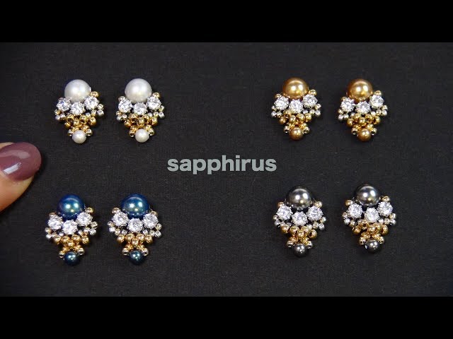 【ビーズステッチ】キュービックチャトンとスワロフスキーパールのピアス☆作り方　How to make:Small Stud Earrings :Swarovski Pearls.