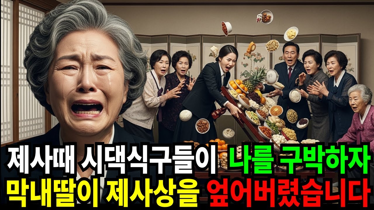 제사때 시댁식구들이 나를 구박하자 막내딸이 제사상을 뒤집어 엎어버렸습니다.
