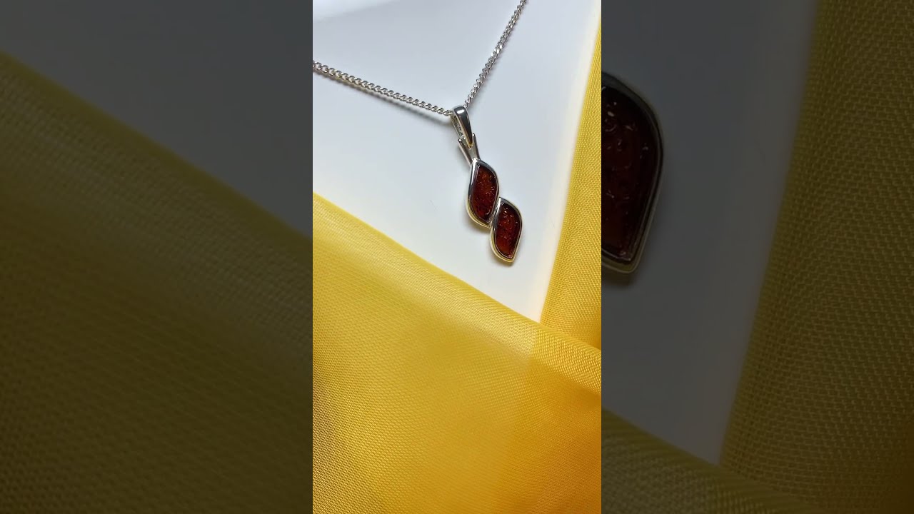 Sterling silver real amber double marquise shaped necklace
