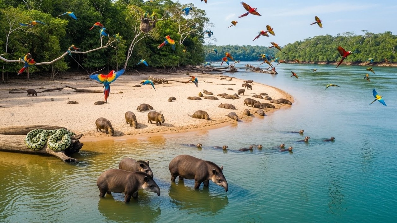 Relaxing Walk In The Amazon  River Of Life  Encounter with Wild Parrots & Giant Tapir (Real Sound)
