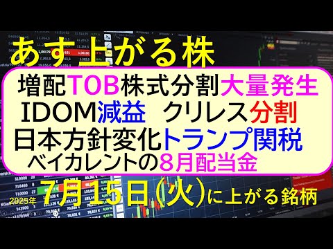あす上がる株　2025年７月１５日（火）に上がる銘柄。増配/TOB/株式分割が大量発生。IDOM減益、クリレス分割。日本方針変化。ベイカレント配当～最新の日本株情報。高配当株の株価やデイトレ情報～