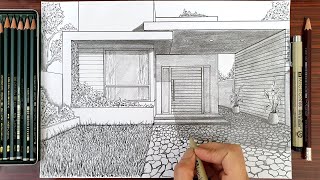 Drawing A Modern House In One Point Perspective | Timelapse