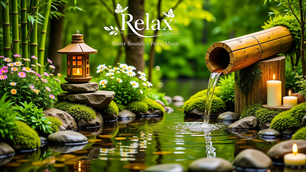Healing Sleep Music 🌿 Bamboo Water Fountain + Relaxing Piano Music | Sleep, Spa, Meditation Music