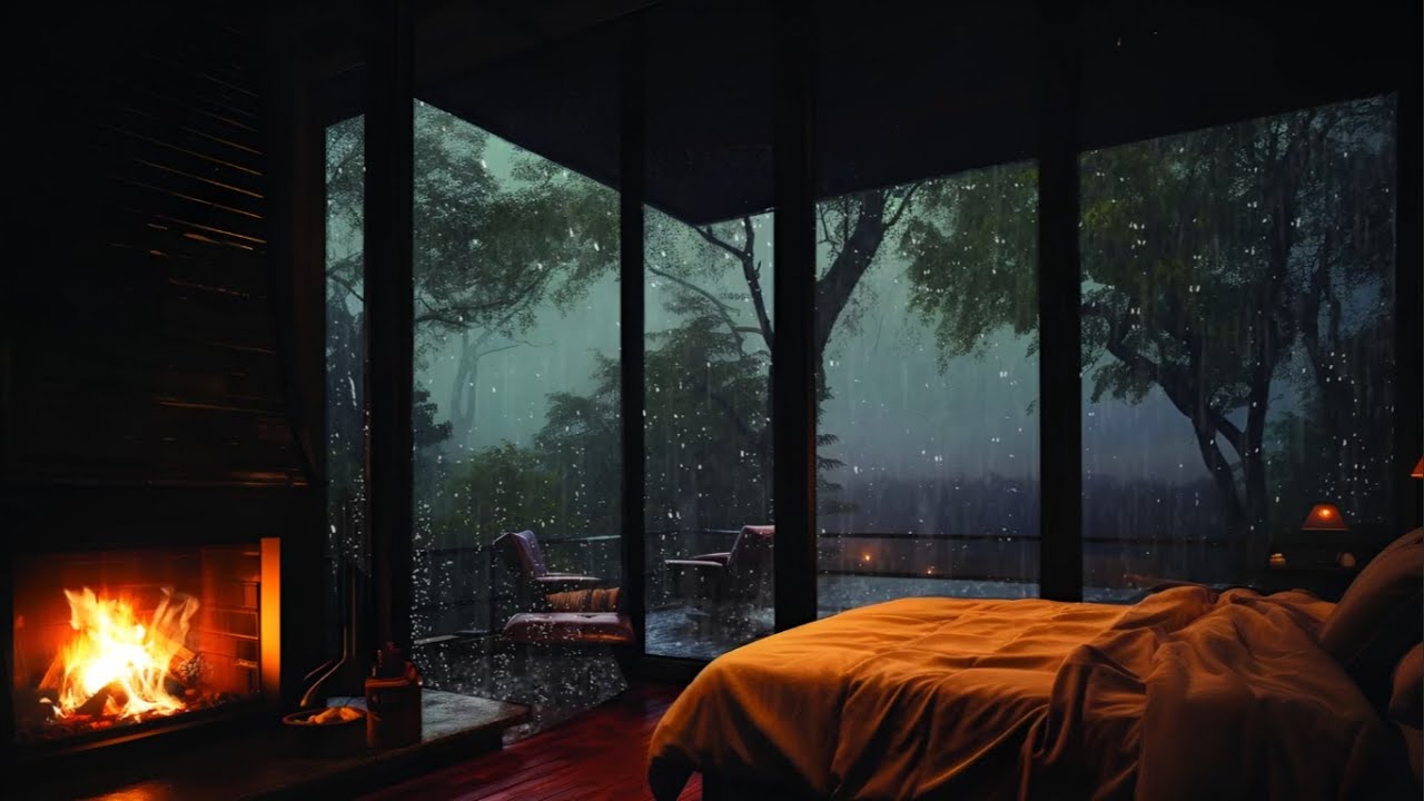 Cozy Cabin in the Woods at Night 🌲🔥 Rain & Fireplace Sounds for Deep ...