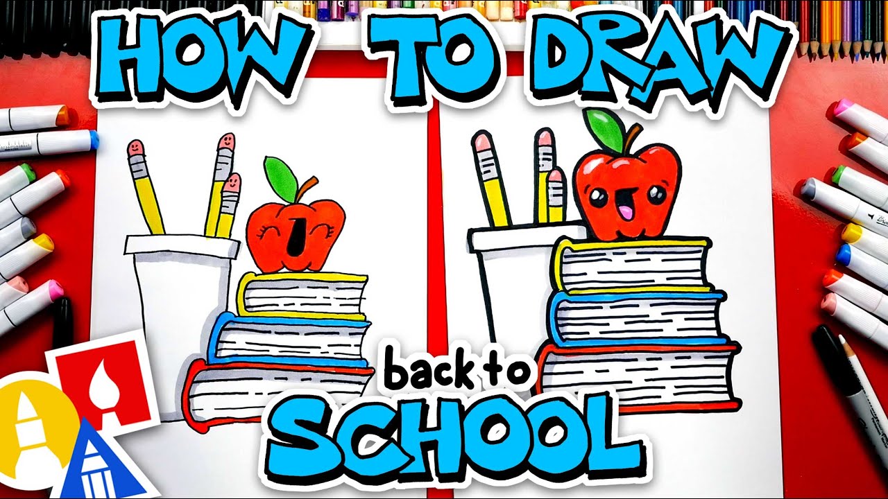 Back To School! How To Draw A Stack Of Books An Apple And Pencils 