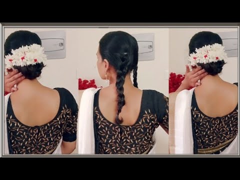 Traditional Bun Hairstyle for saree | hairstyle with Jasmine flower |  Hairstyle for medium hair - YouTube