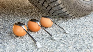 Crushing Crunchy & Soft Things by Car! EXPERIMENT CAR vs SPOON and EGG