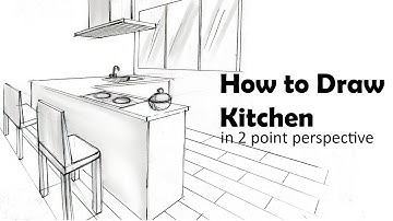 How to Draw a Kitchen room in 2 Point Perspective | Step by Step