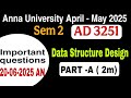 AD 3251|Data Structures Design| anna University April May 2025|important questions part A( 2 marks)