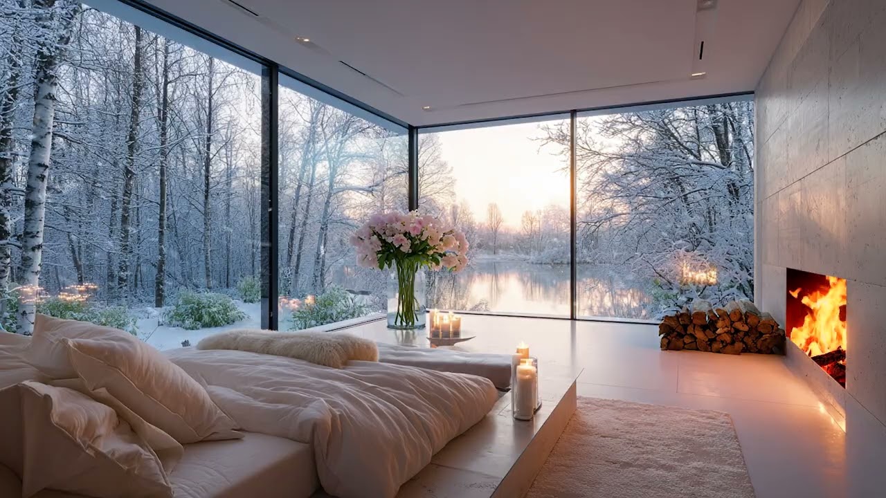 Snowy Wind Night Outside with Soft Fireplace Crackling Inside for Calm Focus and Better Sleep