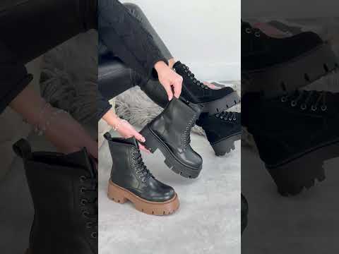 Молодіжні чорні шкіряні зимові черевики берці на масивній підошві, відео 1