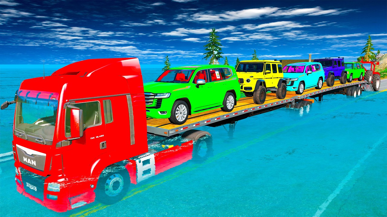 Five Flatbed Trailer McQueen Transportation with Truck - Speedbumps vs Cars vs Train - BeamNG #8