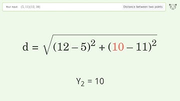 Find the distance between two points p1 (5,11) and p2 (12,10): Step-by-Step Video Solution