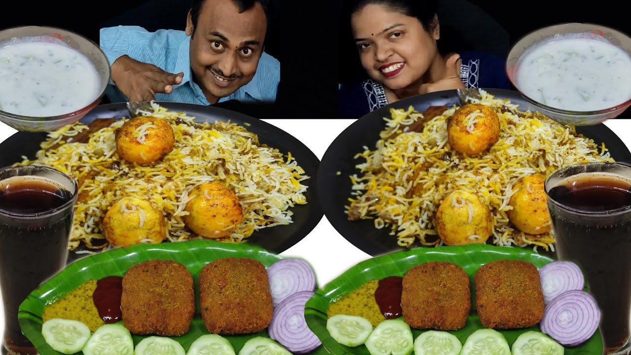 EGG BIRYANI FISH CUTLET RAYTA  COLD DRINK EATING CHALLENG || FOOD VLOGERS APARNA