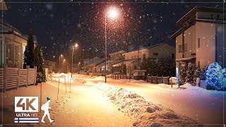 Gentle Snowfall Night Walk in Finnish Suburbs - Finland Slow TV 4K