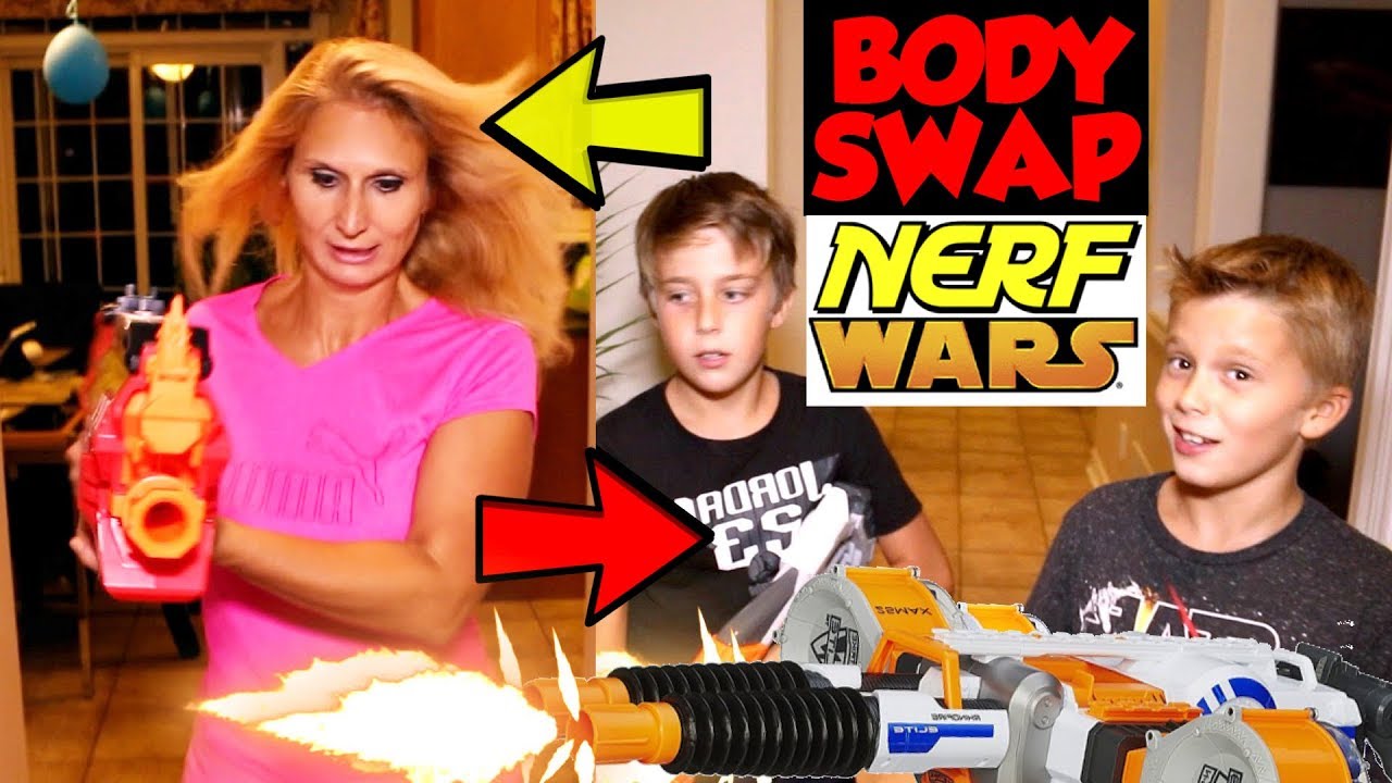 Body Swap (M2F & F2M) Nerf War: Parents Vs Kids - Episode 1: The Mystery Box & The Recon Blonde