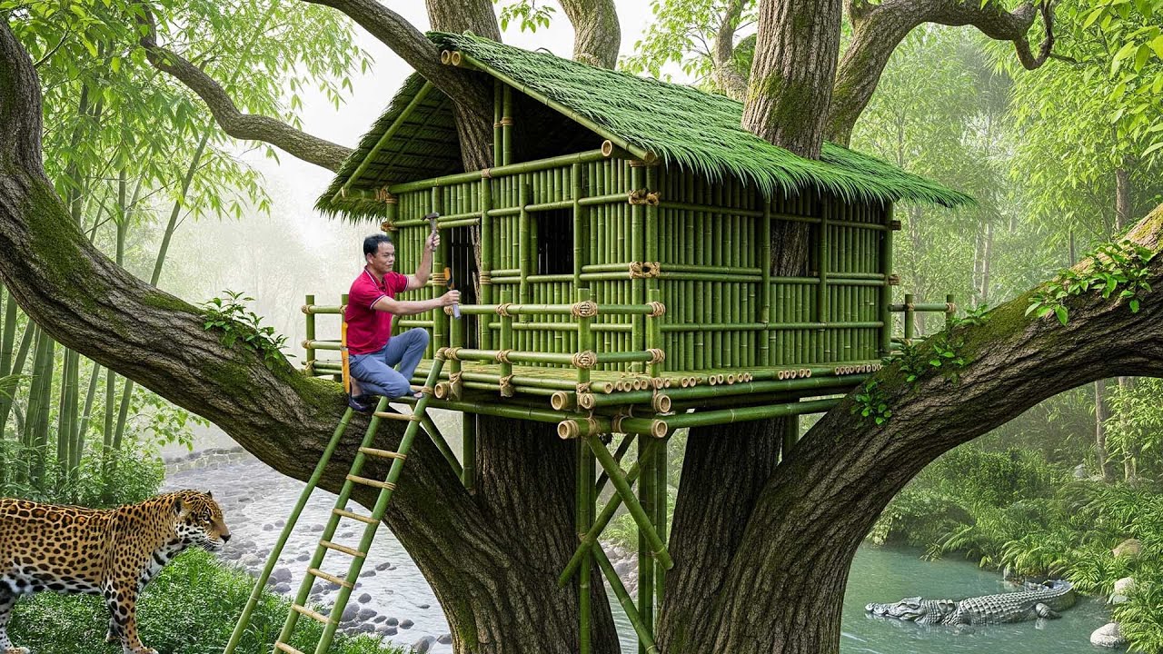 Building a Bamboo Tree House - Survival in the Amazon Jungle - YouTube
