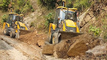 Removing Hilly Landslide Dirt With JCB Backhoe Loader - JCB Cleaning Hillside Road