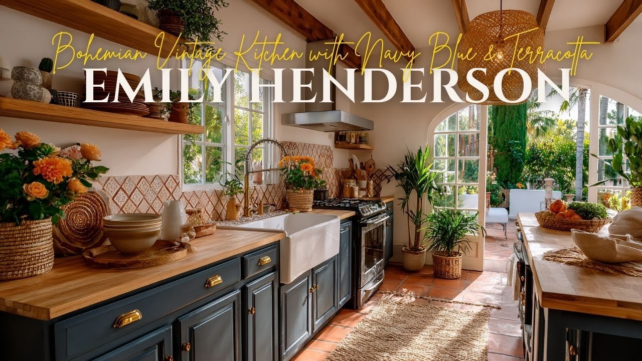 Bohemian Vintage Kitchen Ideas Inspired by Emily Henderson with Navy Blue & Terracotta