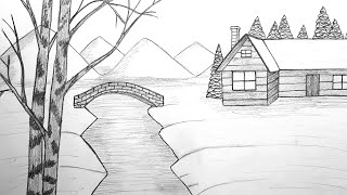 Как нарисовать Зимний Пейзаж | Простой рисунок пейзаж карандашом | Kolay karakalem manzara çizimleri