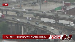 I-75 NB shut down near Brent Spence Bridge due to a crash with fuel spill