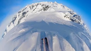 Skiing The Cornice Roller in Little Las Lenas in Valdez, AK