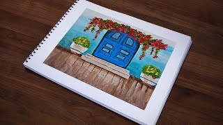Blue Door with hanging Flowers/Easy Acrylic painting/how to paint flower
