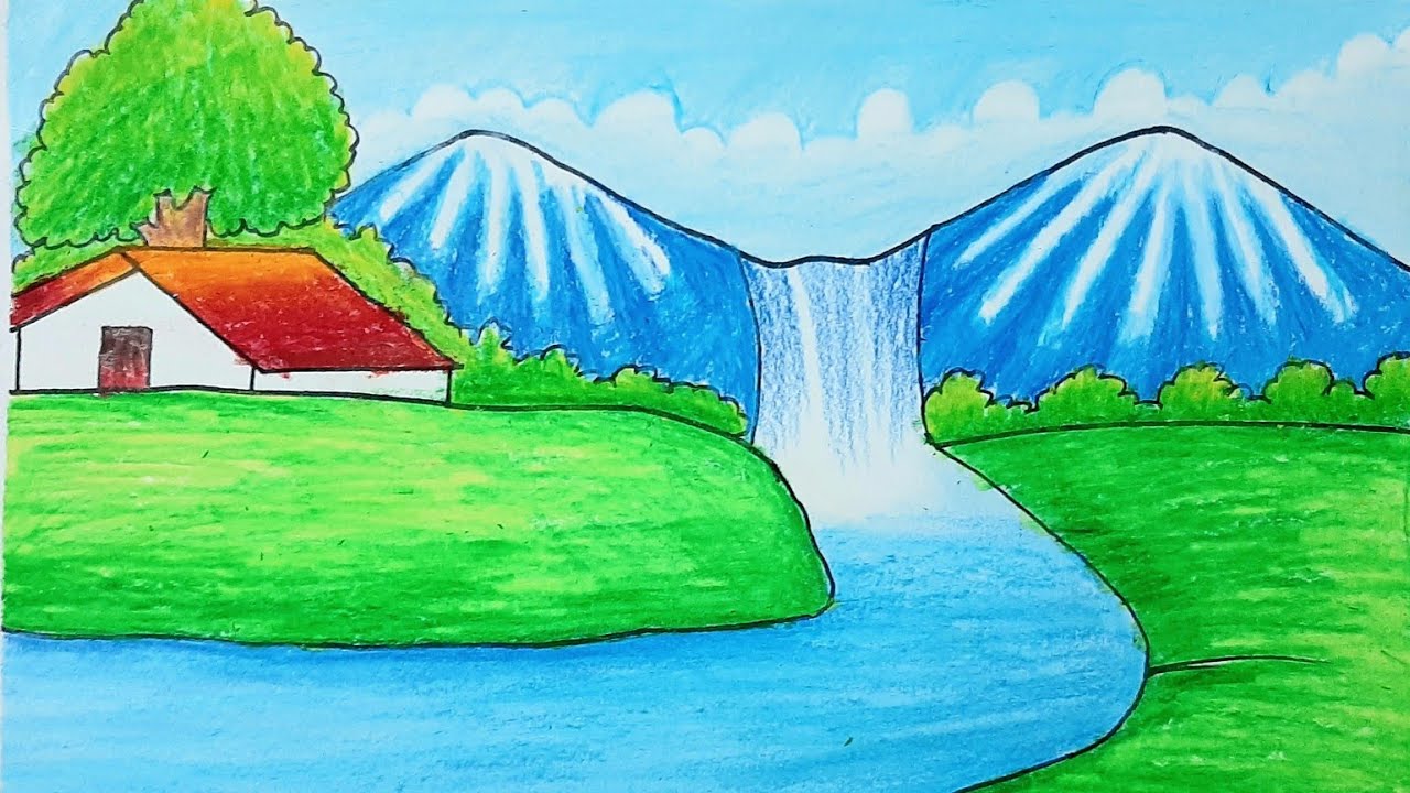 How to make pictures of a beautiful mountain and fountain drawing & art ...